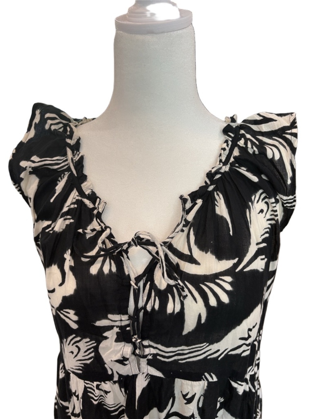 Lido cotton midi dress. Black white birds feathers tiered skirt OS ruffle sleeve - Picture 4 of 12